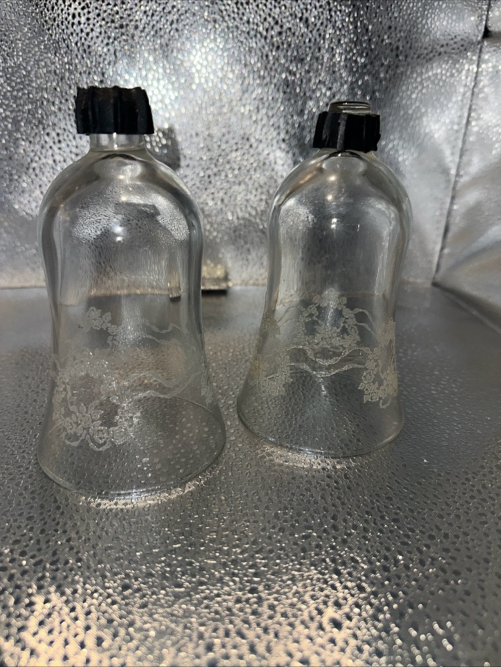 Vintage Homco Glass heart Votive Candle Cups Etched Pair 5”